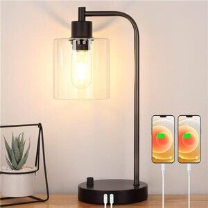 Industrial Table Lamp with 2 USB Charging Ports, Fully Stepless Dimmable Modern